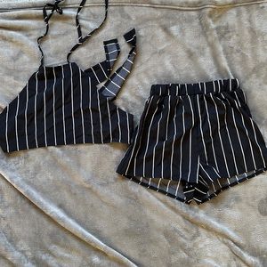 2 piece black and white striped top and shorts set